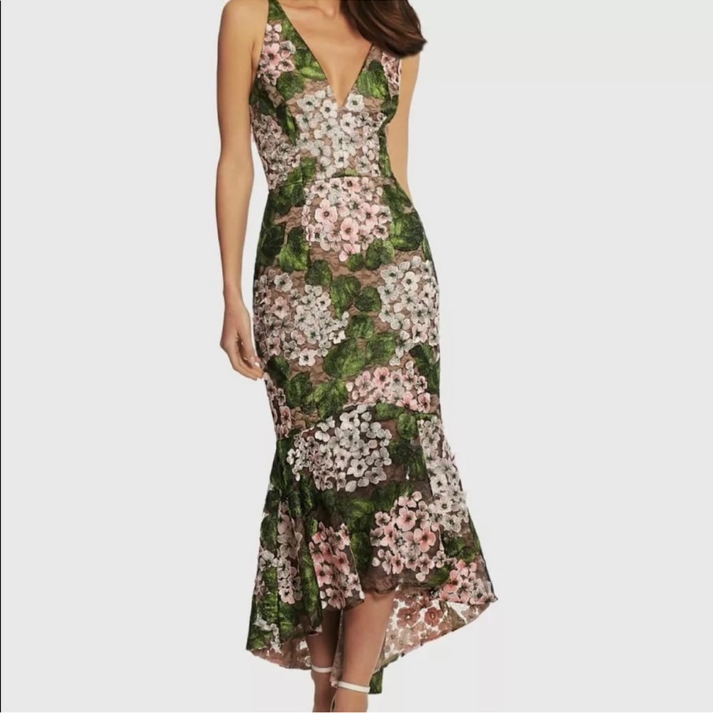 Xscape Green Floral Lace Midi Dress with Pink and White Accents